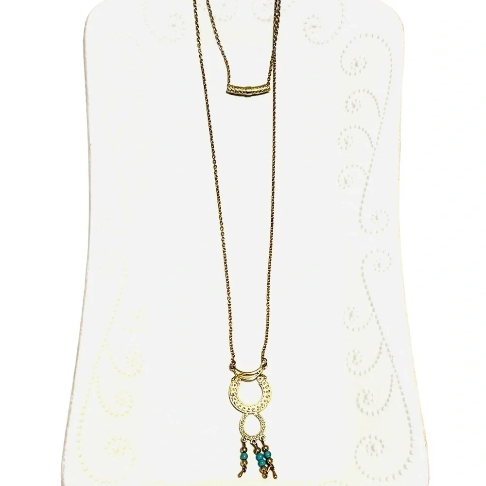2/$15 - Boho Double Hoop Drop Necklace Gold & Turquoise Statement Necklace NWT